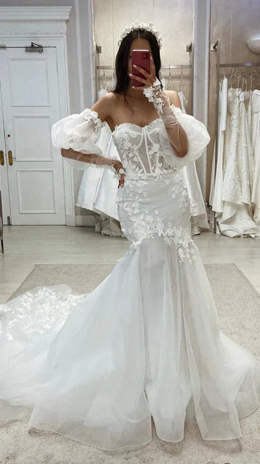 Tulle Trumpet Sweetheart Detachable Puff Sleeves Appliques with Tulle Train Wedding Dresses