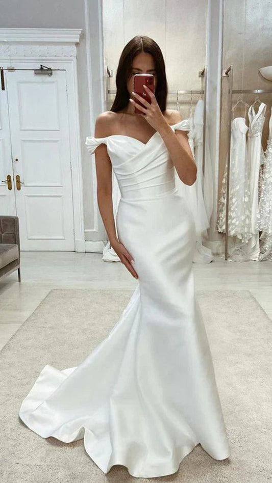 Chic Satin Mermaid Off-Shoulder Ruched with Train Beach Wedding Dresses