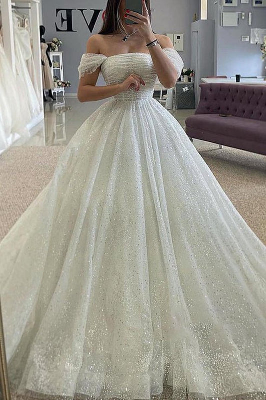 A-line Detachable Off-Shoulder Empire Glitter Tulle Wedding Dresses