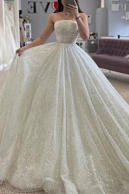 A-line Detachable Off-Shoulder Empire Glitter Tulle Wedding Dresses