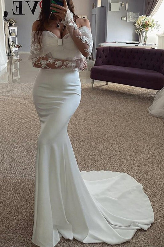 Off-Shoulder Long Sleeve Trumpet Appliques Beach Wedding Dresses