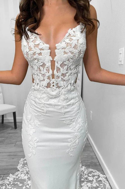 Satin V-Neck Spaghetti Straps Illusion Lace Applique with Lace Train Wedding Dresses