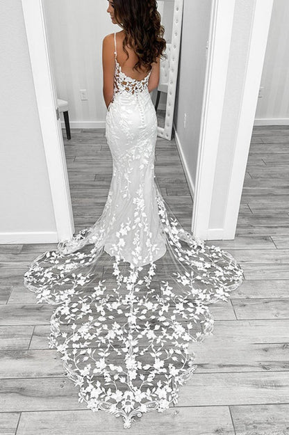 Satin V-Neck Spaghetti Straps Illusion Lace Applique with Lace Train Wedding Dresses