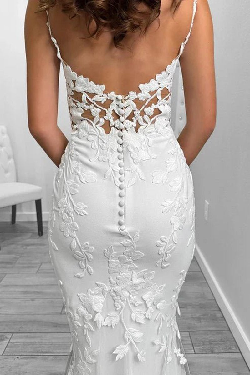 Satin V-Neck Spaghetti Straps Illusion Lace Applique with Lace Train Wedding Dresses