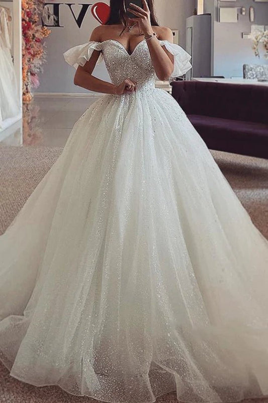 Off-Shoulder Glitter Tulle A-line Sequined Beaded with Train Wedding Dresses