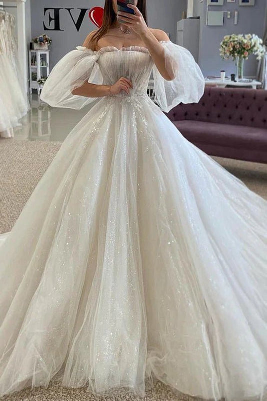 Glitter Tulle A-line Off-Shoulder Appliques with Train Sheer Wedding Dresses