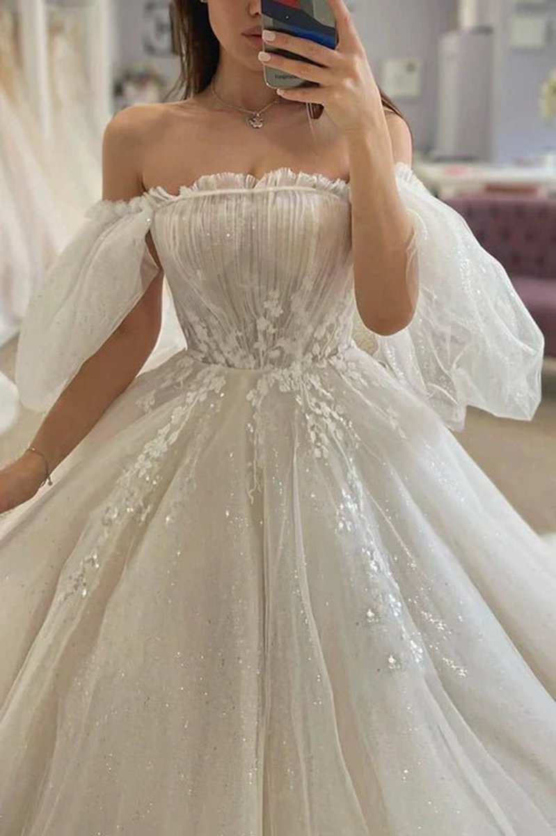 Glitter Tulle A-line Off-Shoulder Appliques with Train Sheer Wedding Dresses