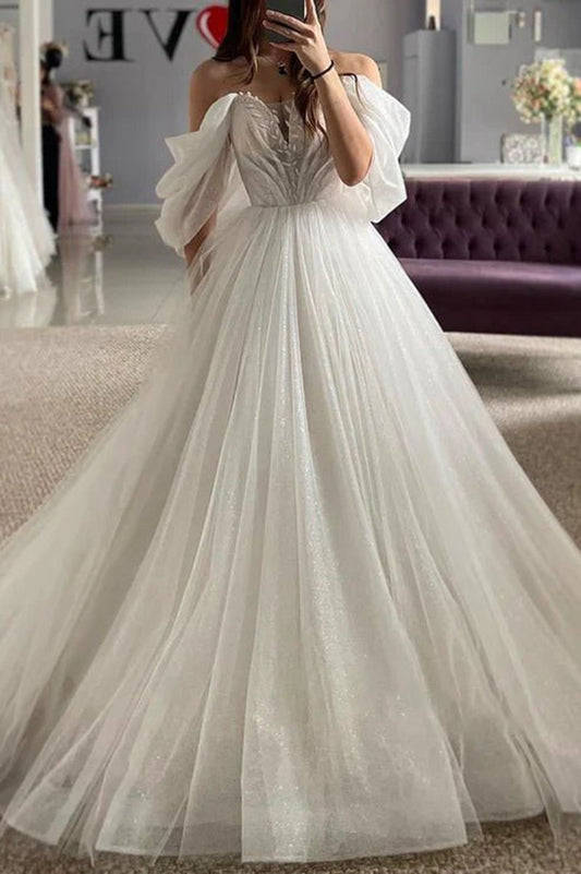 A-line Off-Shoulder Appliques Glitter Sheer Tulle Wedding Dresses