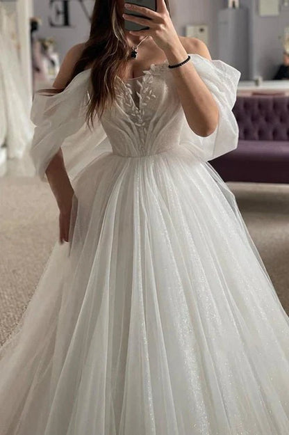 A-line Off-Shoulder Appliques Glitter Sheer Tulle Wedding Dresses