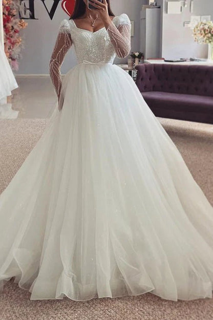 Bateau Long Sleeve Sequined Appliques Empire Tulle Wedding Dresses