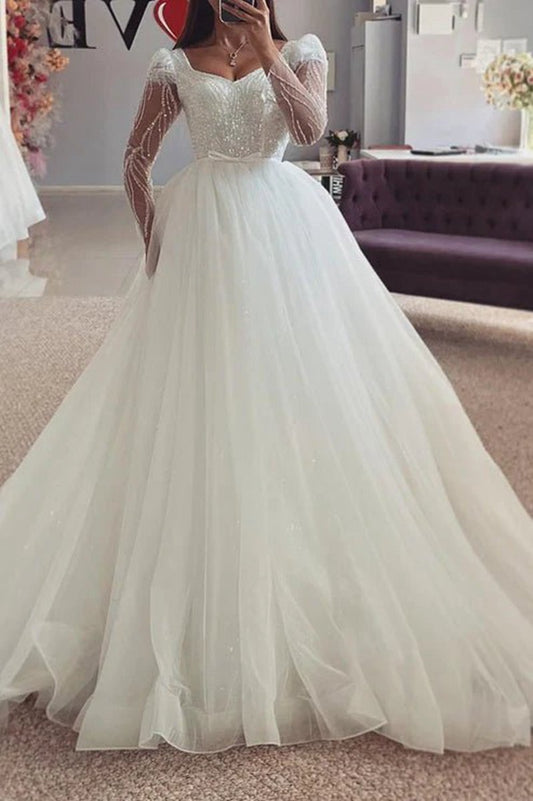 Bateau Long Sleeve Sequined Appliques Empire Tulle Wedding Dresses