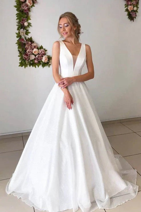 A-line Attractive V-neck Simple Wedding Dresses Rustic Wedding Gown