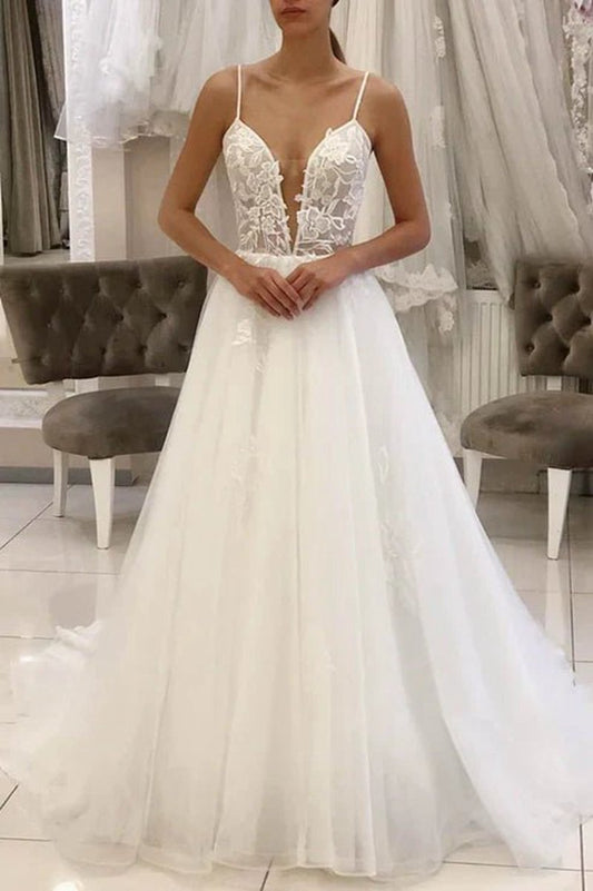A-line Spaghetti Straps Tulle Appliques Rustic Wedding Dresses