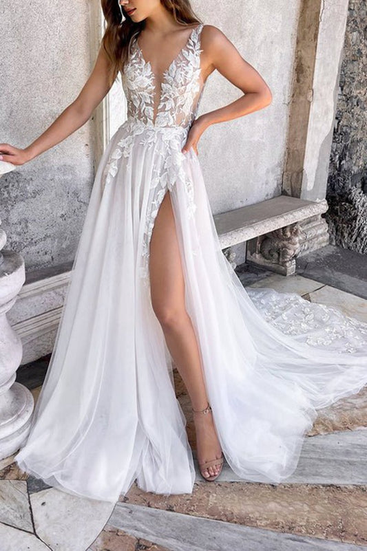 Attractive Illusion Deep V Neck Lace Appliques Boho Wedding Dresses with Slit