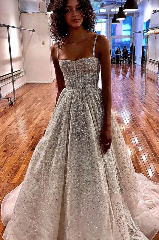 Spaghetti Straps Sequins A-line Sparkly Wedding Dresses Bridal Gown