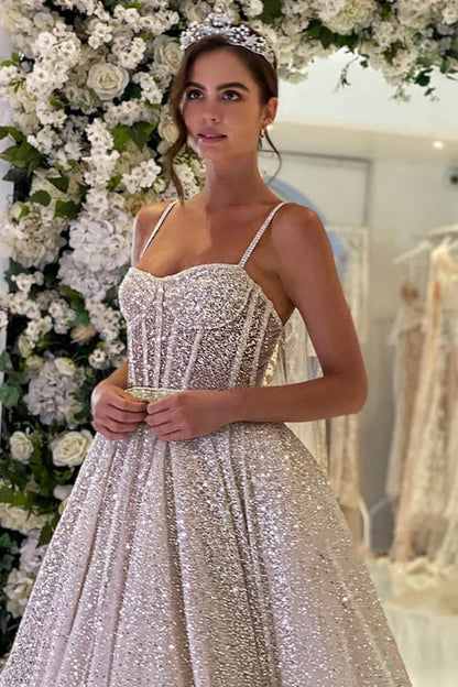 Spaghetti Straps Sequins A-line Sparkly Wedding Dresses Bridal Gown