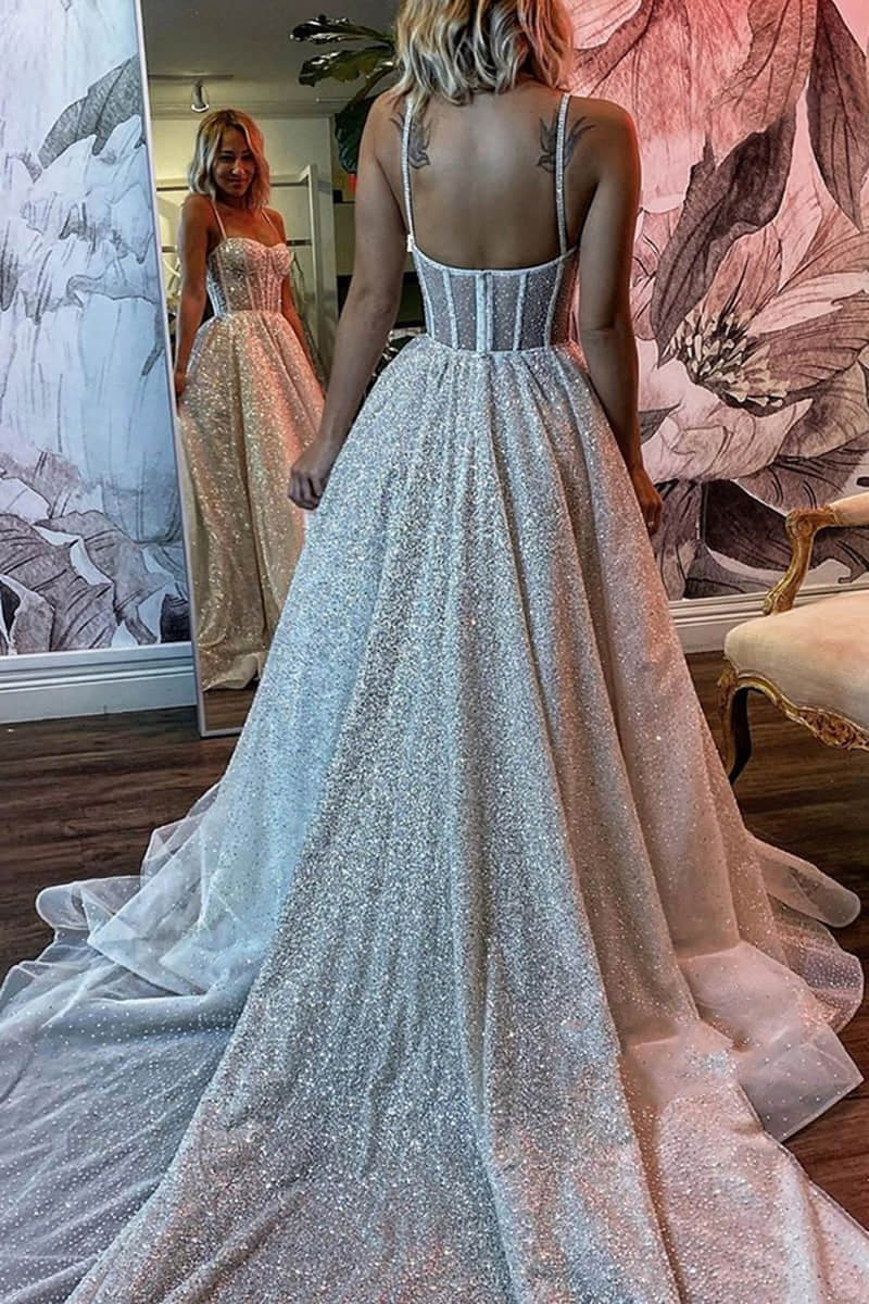 Spaghetti Straps Sequins A-line Sparkly Wedding Dresses Bridal Gown