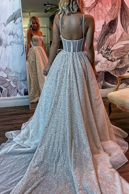 Spaghetti Straps Sequins A-line Sparkly Wedding Dresses Bridal Gown