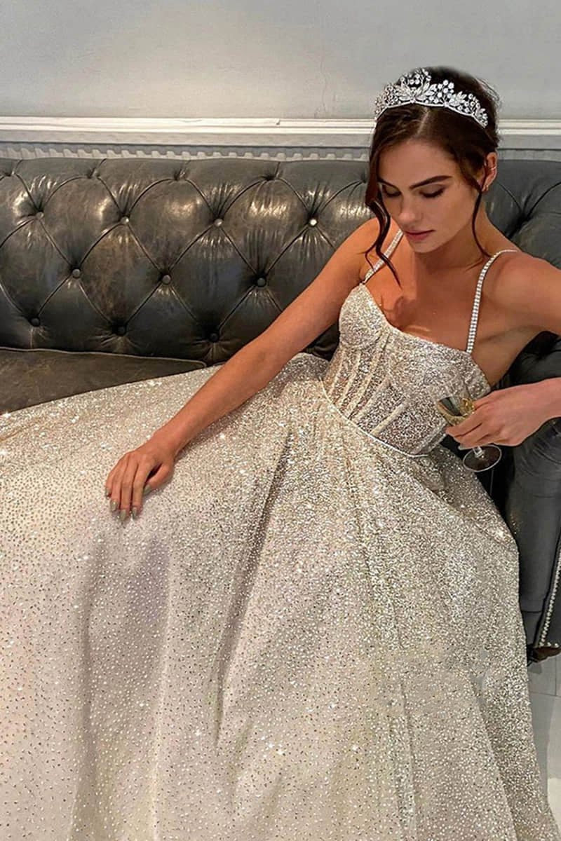 Spaghetti Straps Sequins A-line Sparkly Wedding Dresses Bridal Gown