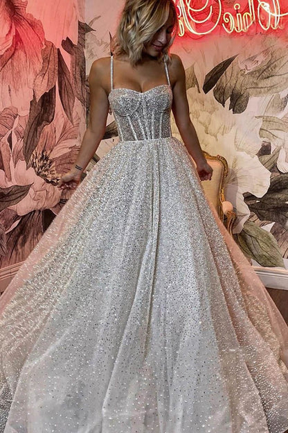 Spaghetti Straps Sequins A-line Sparkly Wedding Dresses Bridal Gown