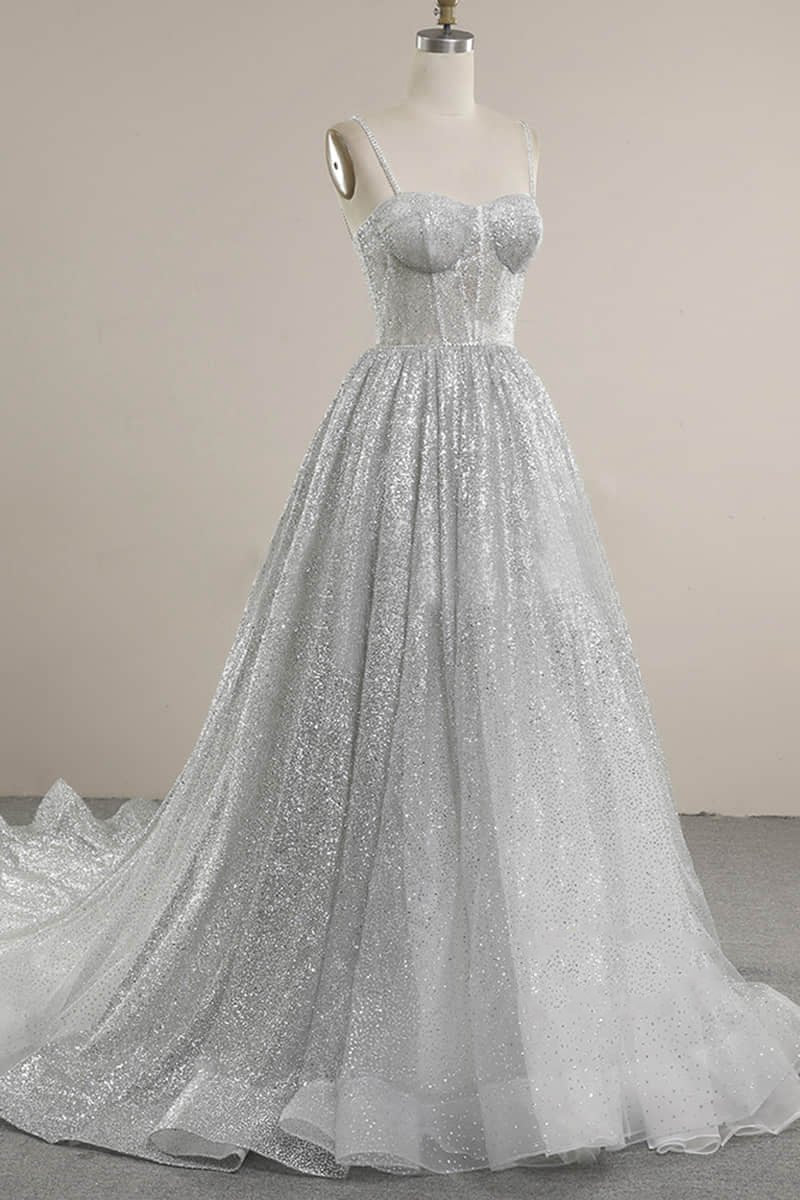 Spaghetti Straps Sequins A-line Sparkly Wedding Dresses Bridal Gown