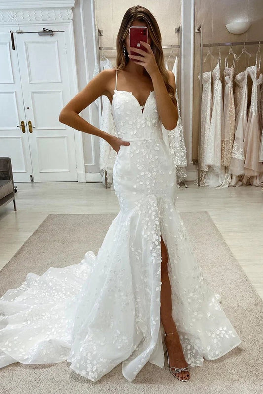 Allover Lace Wedding Dresses Spaghetti Straps Mermaid Bridal Gown