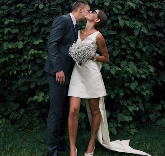 A-line Satin V-Neck Short Wedding Dresses with Large Bow