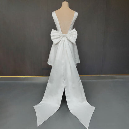 A-line Satin V-Neck Short Wedding Dresses with Large Bow