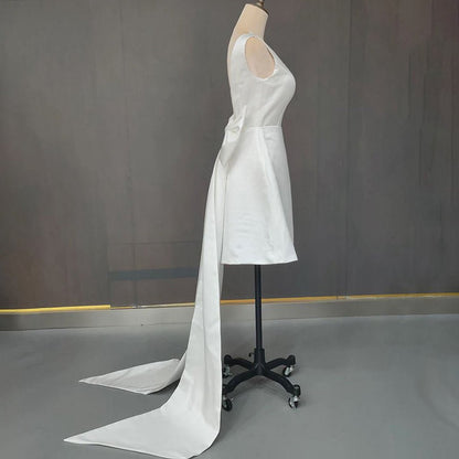 A-line Satin V-Neck Short Wedding Dresses with Large Bow