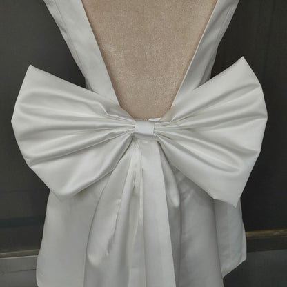 A-line Satin V-Neck Short Wedding Dresses with Large Bow