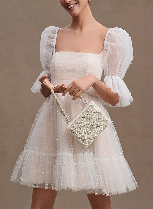 Pearl Short Reception Wedding Dresses with Bubble Sleeves
