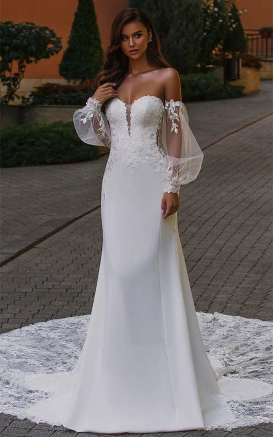 Ethereal Mermaid Plunging Neck Chiffon Tulle Wedding Dresses with Appliques