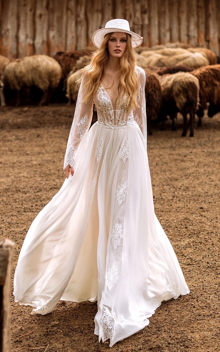 A-line Boho Lace Wedding Dresses with Sleeves Plunging Neckline Sweep Train