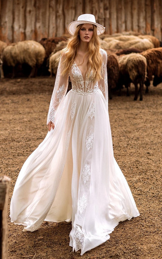 A-line Boho Lace Wedding Dresses with Sleeves Plunging Neckline Sweep Train