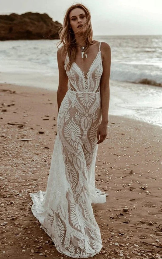 Beach Floral Mermaid Plunging Boho Lace Wedding Dresses with Sweep Train