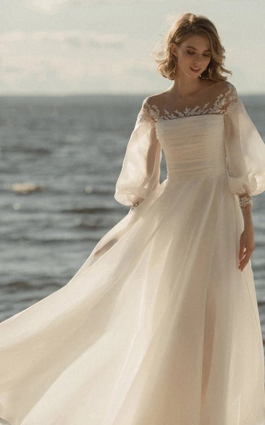 Elegant Simple Beach A-line Lace Organza Floor Zipper Low-V BackWedding Dresses with Sheer Sleeve