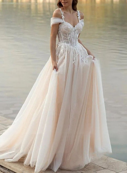 A-line Off-The-Shoulder Tulle Wedding Dresses with Appliques Lace