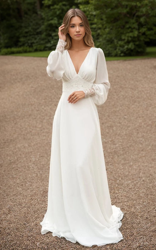 A-line Floor Chiffon Long Sleeve Wedding Dresses with Sequins and Train