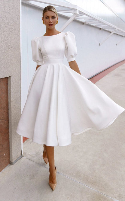 Elegant Bateau A-line Satin Knee-length Wedding Dresses