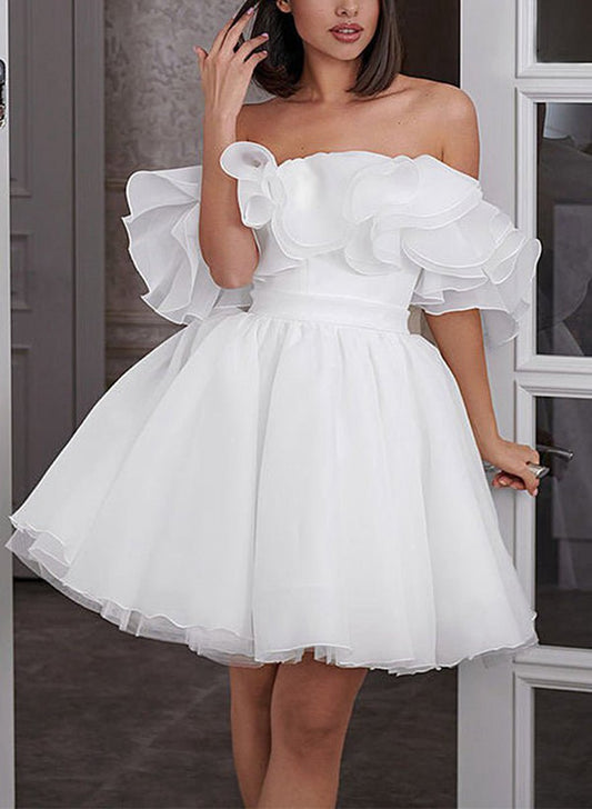 A-line Off-The-Shoulder Sleeveless Short Mini Organza Wedding Dresses