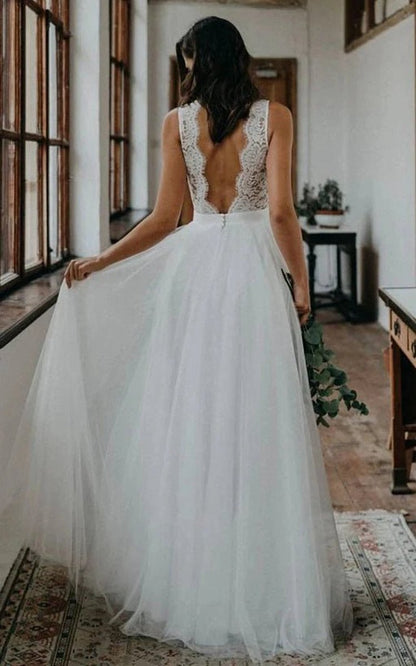 Rustic Boho Elegant A-line Tulle Lace V-neck Open Back Floor Length Sleeveless Wedding Dresses