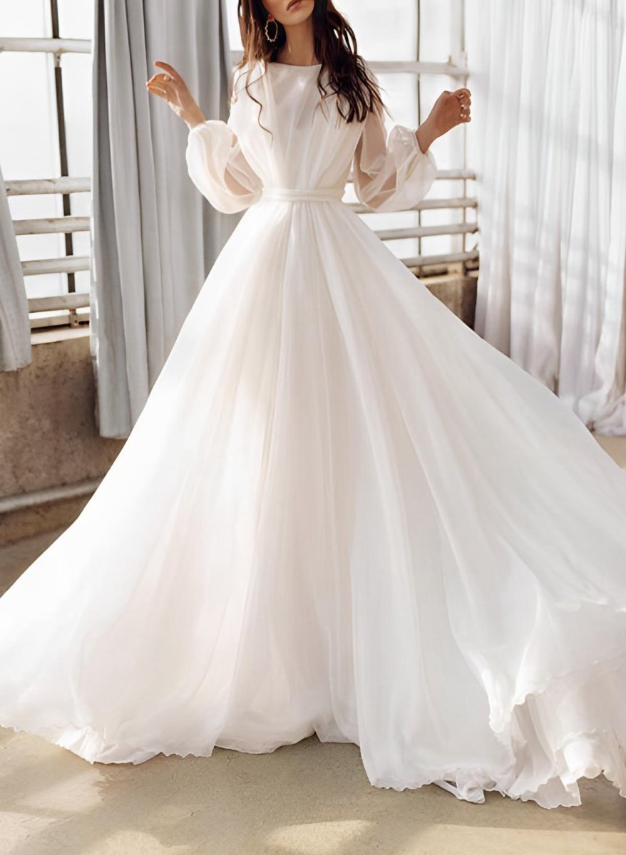 A-line Illusion Neck Long Sleeves Sweep Train Organza Wedding Dresses