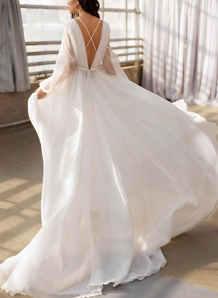 A-line Illusion Neck Long Sleeves Sweep Train Organza Wedding Dresses