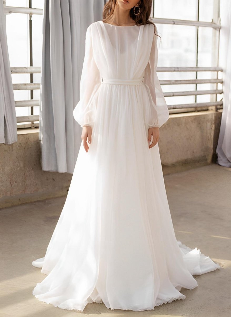 A-line Illusion Neck Long Sleeves Sweep Train Organza Wedding Dresses