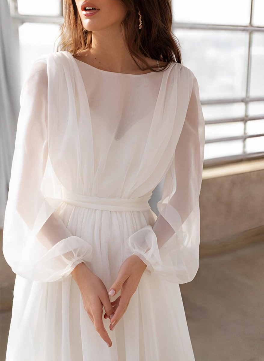 A-line Illusion Neck Long Sleeves Sweep Train Organza Wedding Dresses