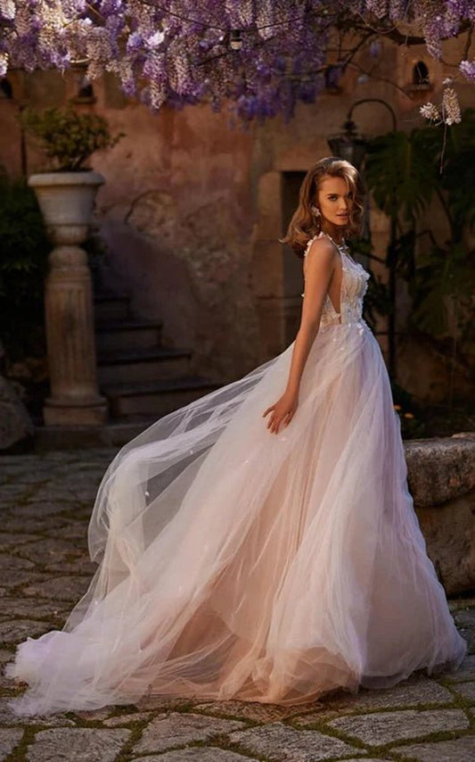 A-line V-neck Tulle Wedding Dresses Beach Gown with Court Train And Lace Appliques