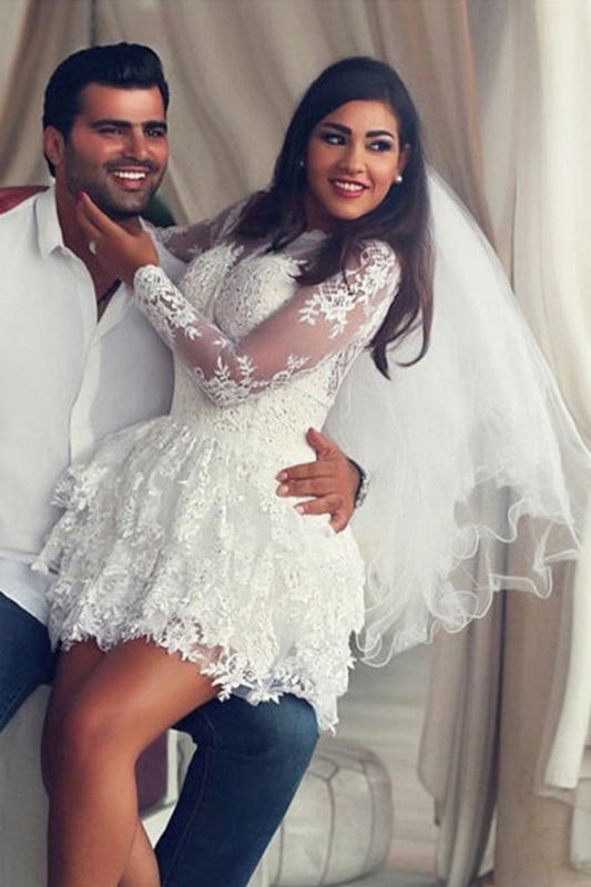 A-line Scoop Lace Applique Long Sleeves Short-Mini Wedding Dresses