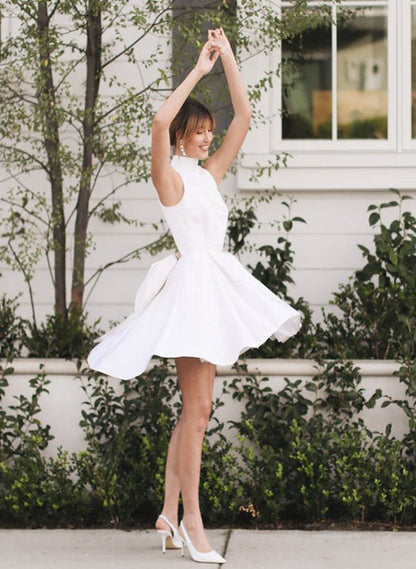 A-line Halter Sleeveless ShortMini Satin Wedding Dresses with Bow