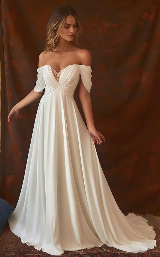 A-line Chiffon Sleeveless Off-the-Shoulder Wedding Dresses with Ruching Floor Length
