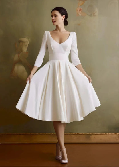Vintage Sleeved A-line V-neck Satin Tea Length Wedding Dresses
